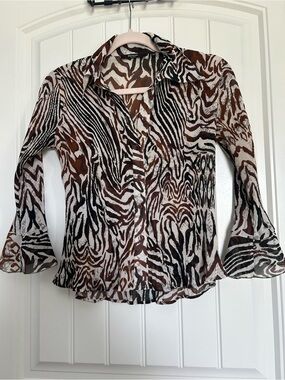 Vintage Zebra-Print Semi-Sheer Button-Down Shirt